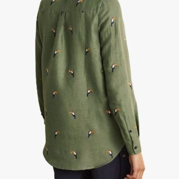 ❤️🎉HP🎉❤️ BODEN Toucan Bird Embroidered Linen Shirt, Olive, Size US 2P / … - Picture 6 of 13